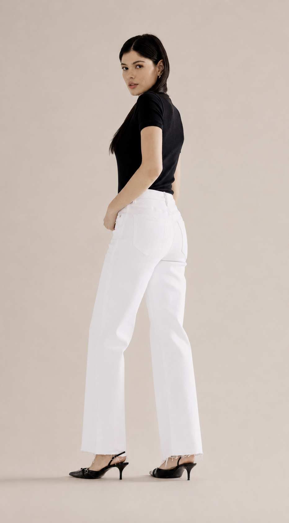 White High Rise Wide Raw Hem Jeans