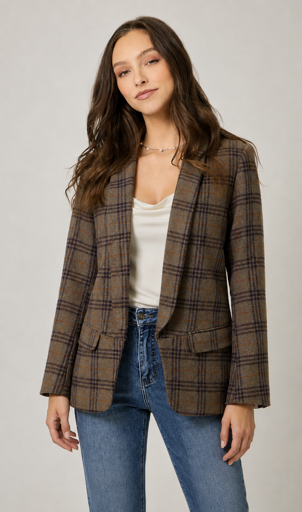Wool Blend Plaid Button Cuff Blazer