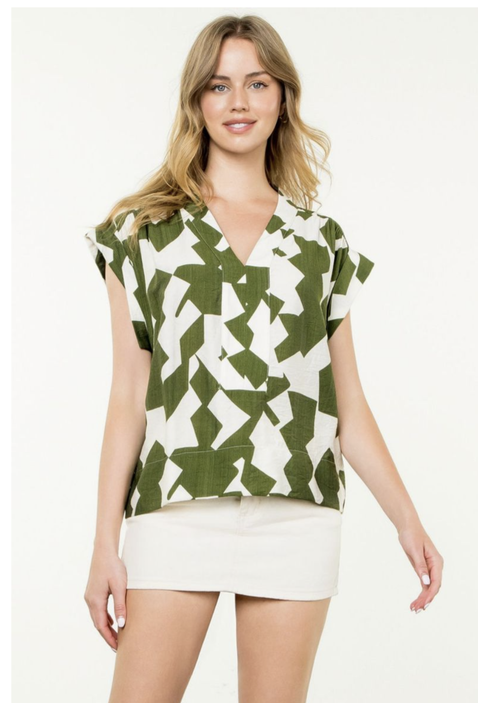Olive V-Neck Print Top