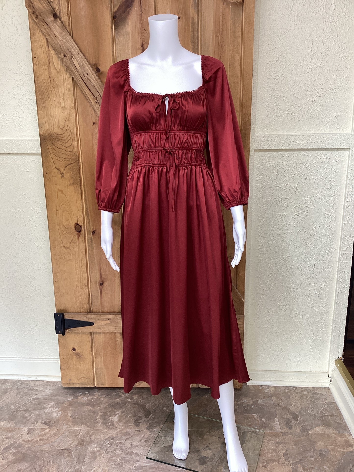 Dark Red Gathered Full Length Dress