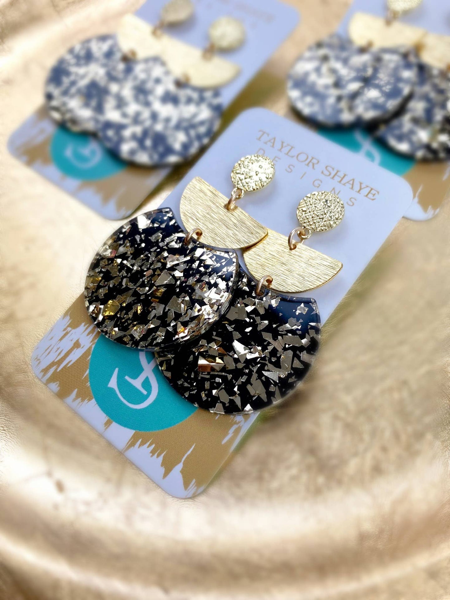Acrylic Oval/Gold Half Moon Earrings