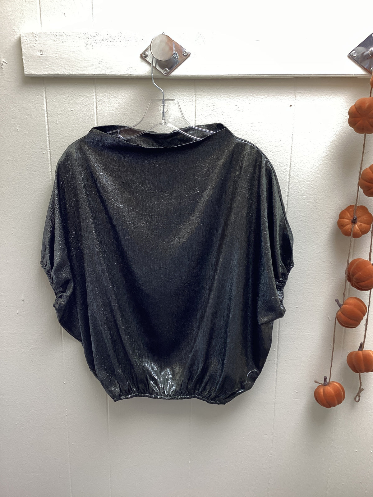 Metallic High Neck Elastic Sleeve Top