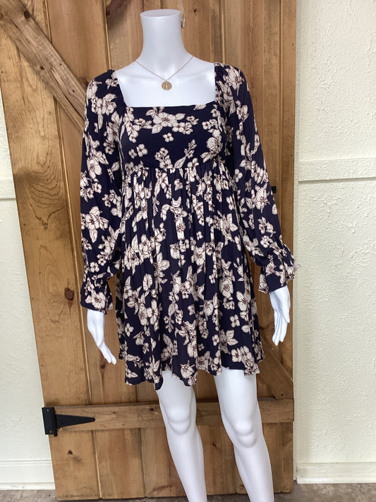 Navy Long Sleeve Floral Mini Dress