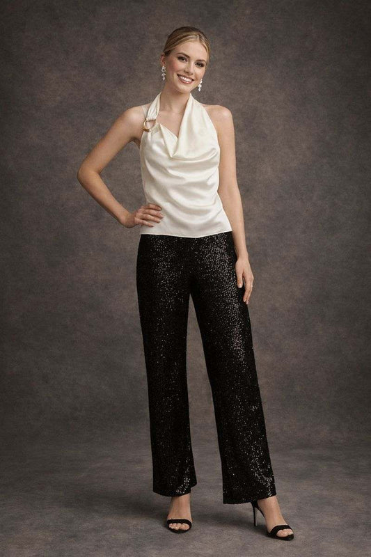 Backless Cowl Neck Shirt with Sequin Pants