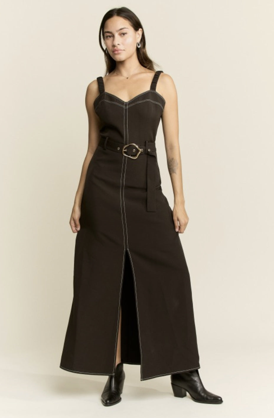 Belted Front Slit Maxi Dress