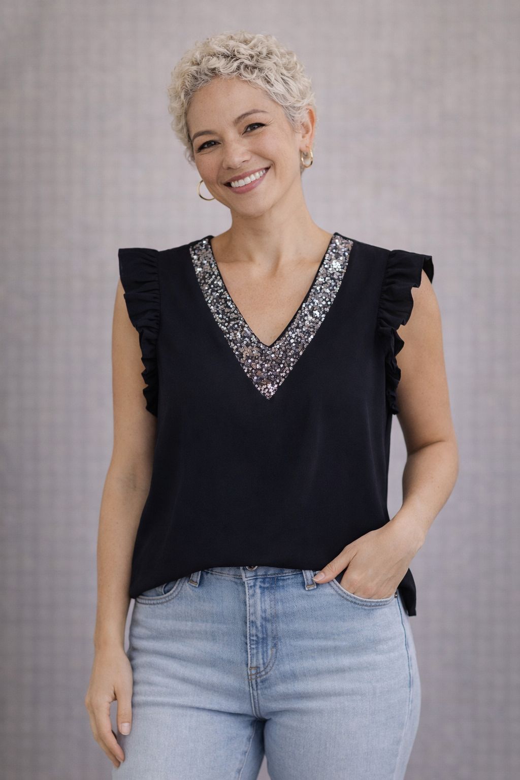 Black Sequin V-Neck Shirt
