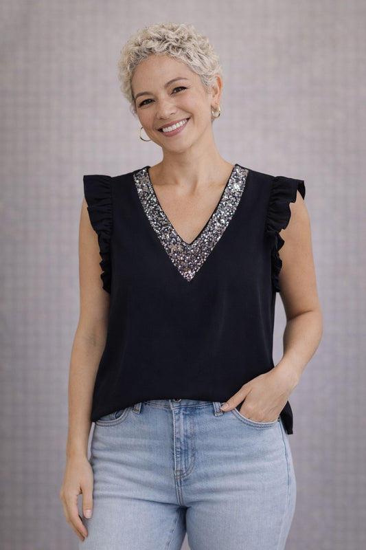 Black Sequin V-Neck Shirt