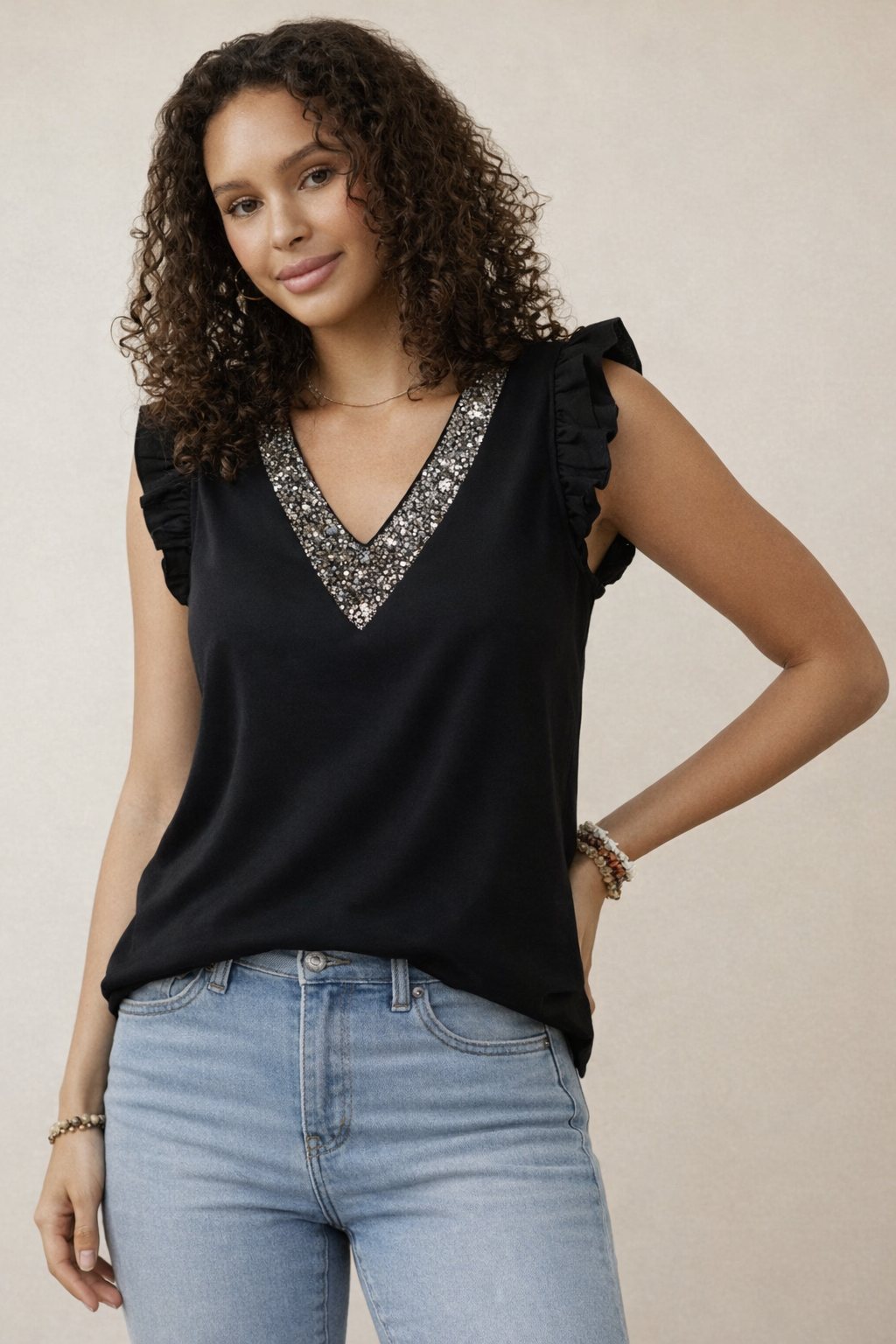 Black Sequin V-Neck Shirt