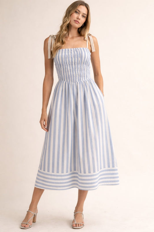 Blue Stripe Tie Top Midi Dress