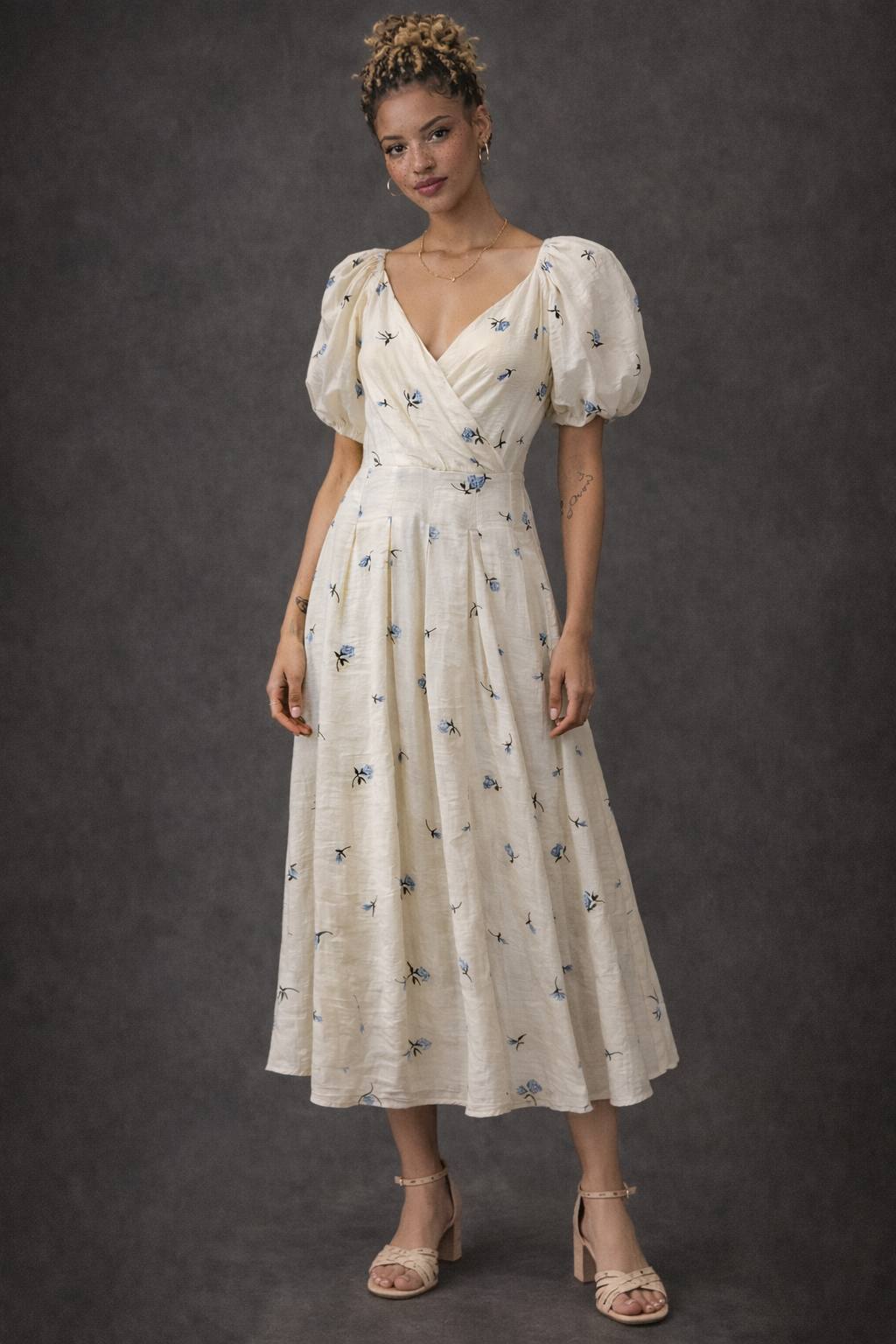 Blue and Ivory Floral Tea Length Dress