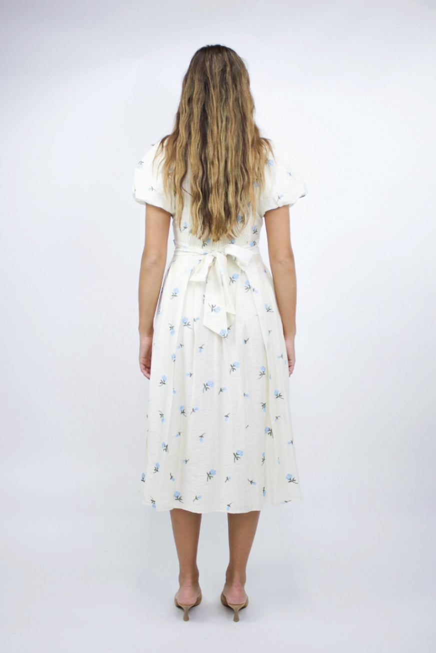 Blue and Ivory Floral Tea Length Dress