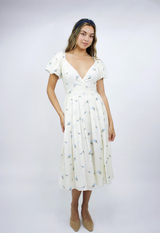 Blue and Ivory Floral Tea Length Dress