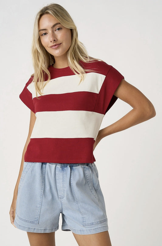 Boxy Striped Short Cap Sleeve Top