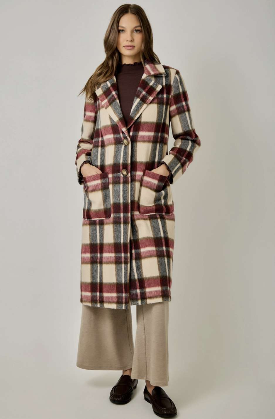 Brushed Plaid Double Button Long Coat
