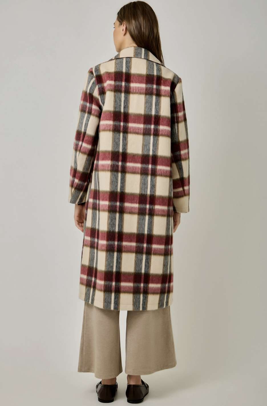 Brushed Plaid Double Button Long Coat
