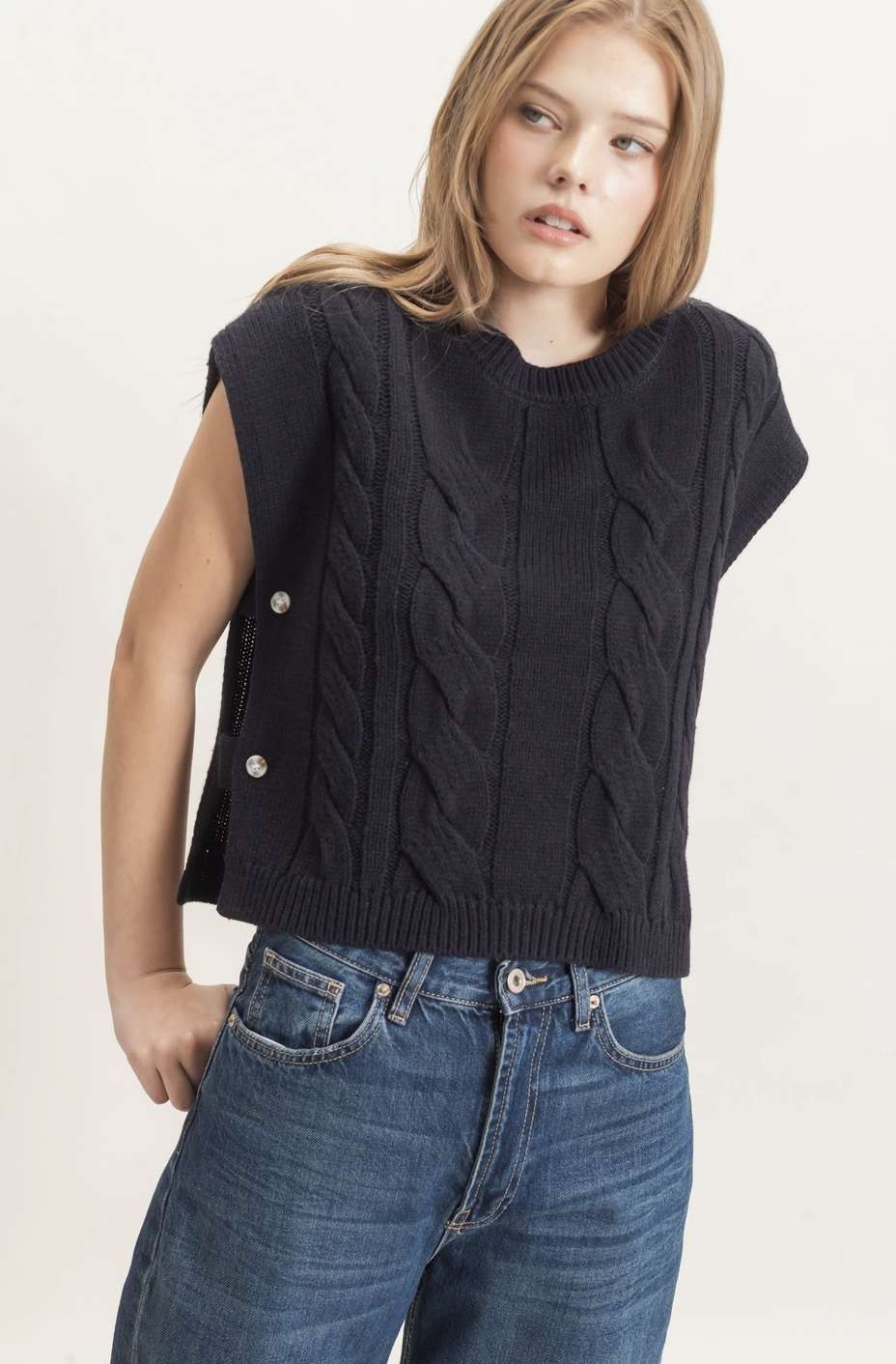 Cable Knit w/ Side Buttons Sweater Vest