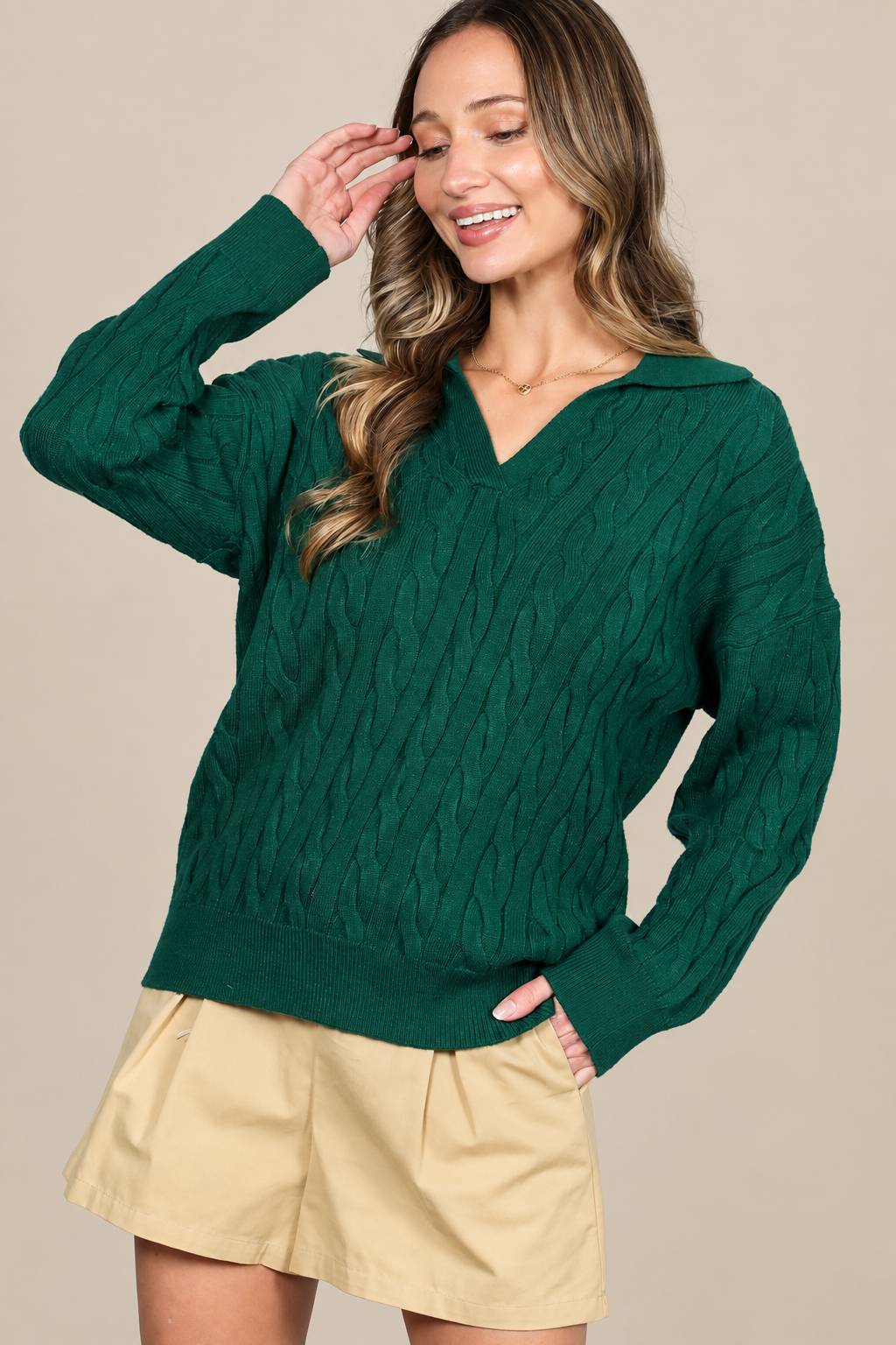 Collared V-Neck Polo Cable Knit Sweater