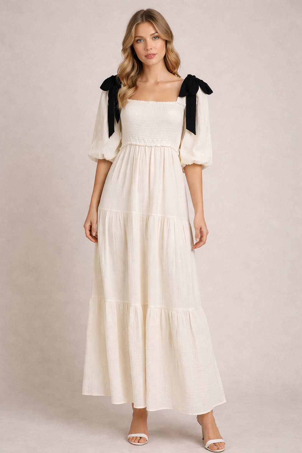 Contrast Bow Gauze Puff Sleeve Tiered Maxi Dress