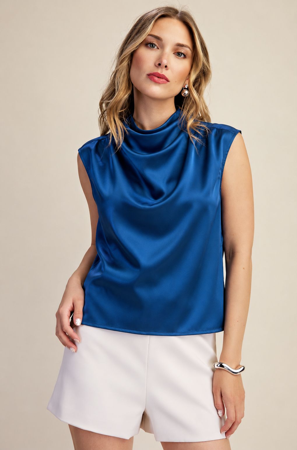 Cowl Neck Sleeveless Satin Top