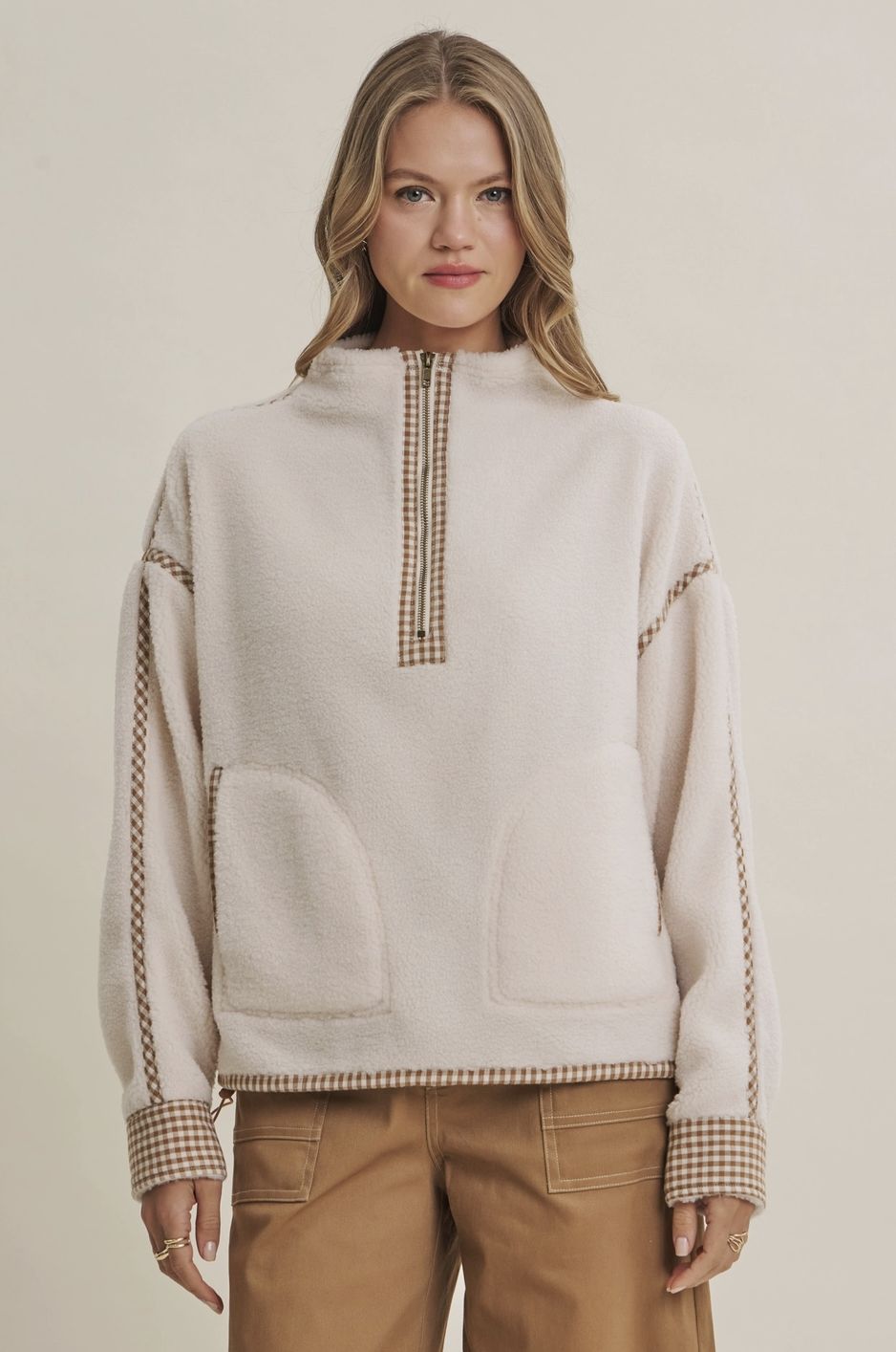 Cozy Gingham Trim Sherpa Fleece
