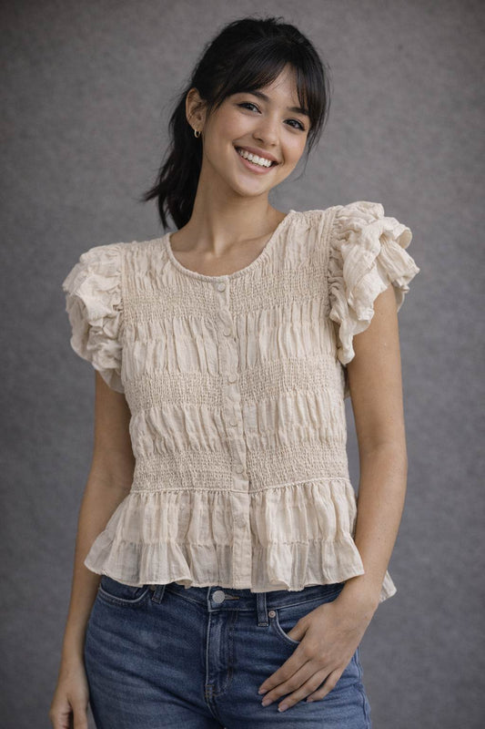 Cream Flutter Button-up Cap Sleeve Blouse