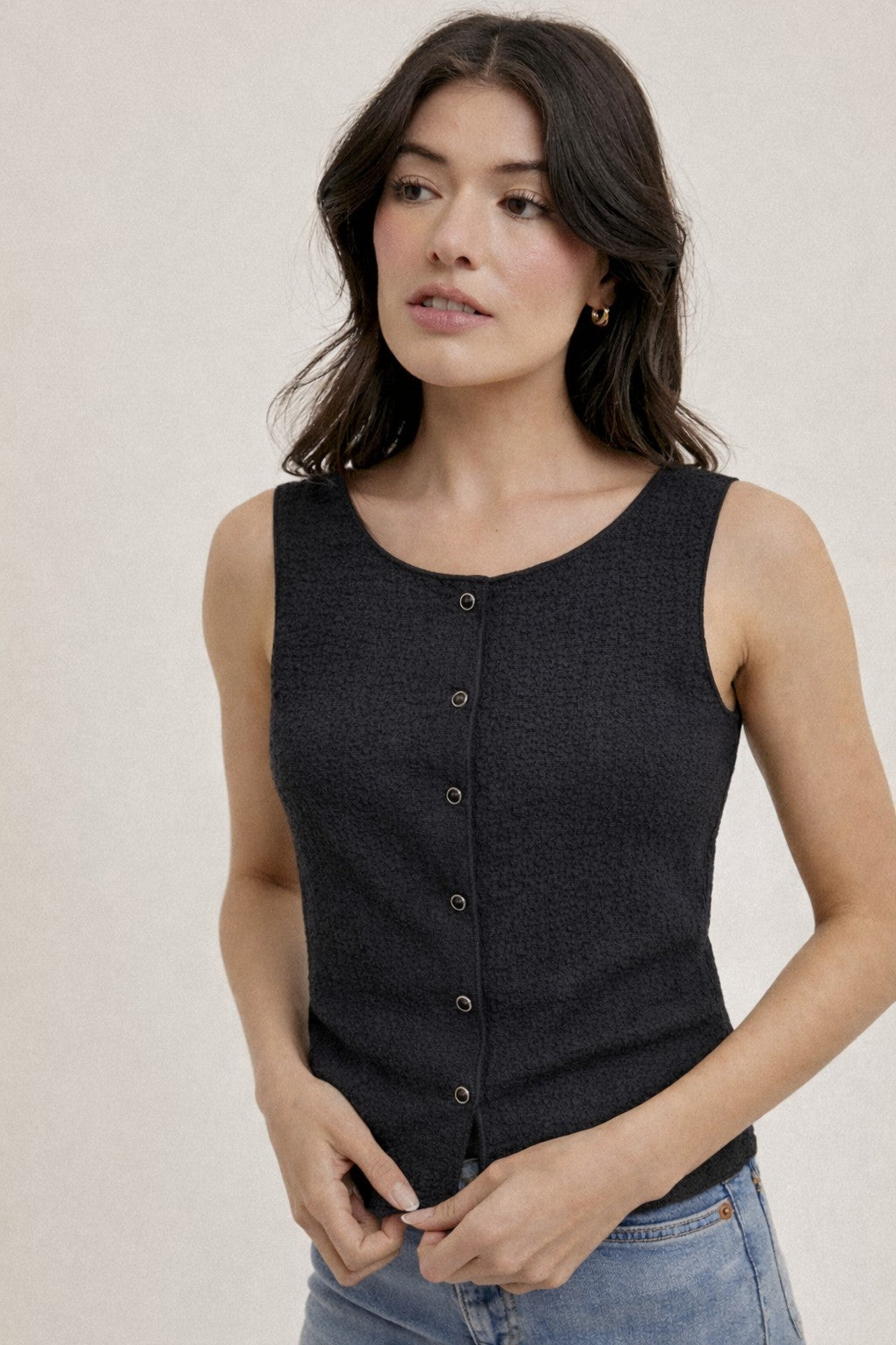Crinkle Texture Button Tank Top
