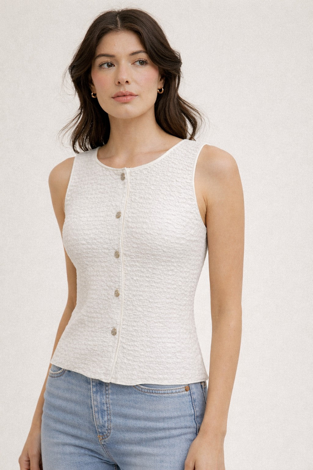 Crinkle Texture Button Tank Top