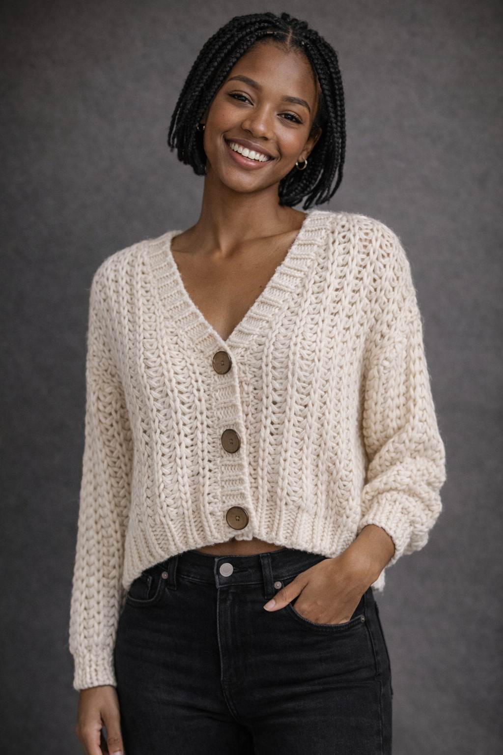 Crop button Cream Cardigan Sweater