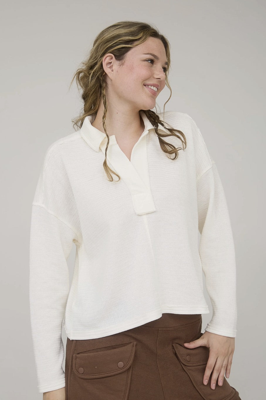 Crop Long Sleeve Texture Polo