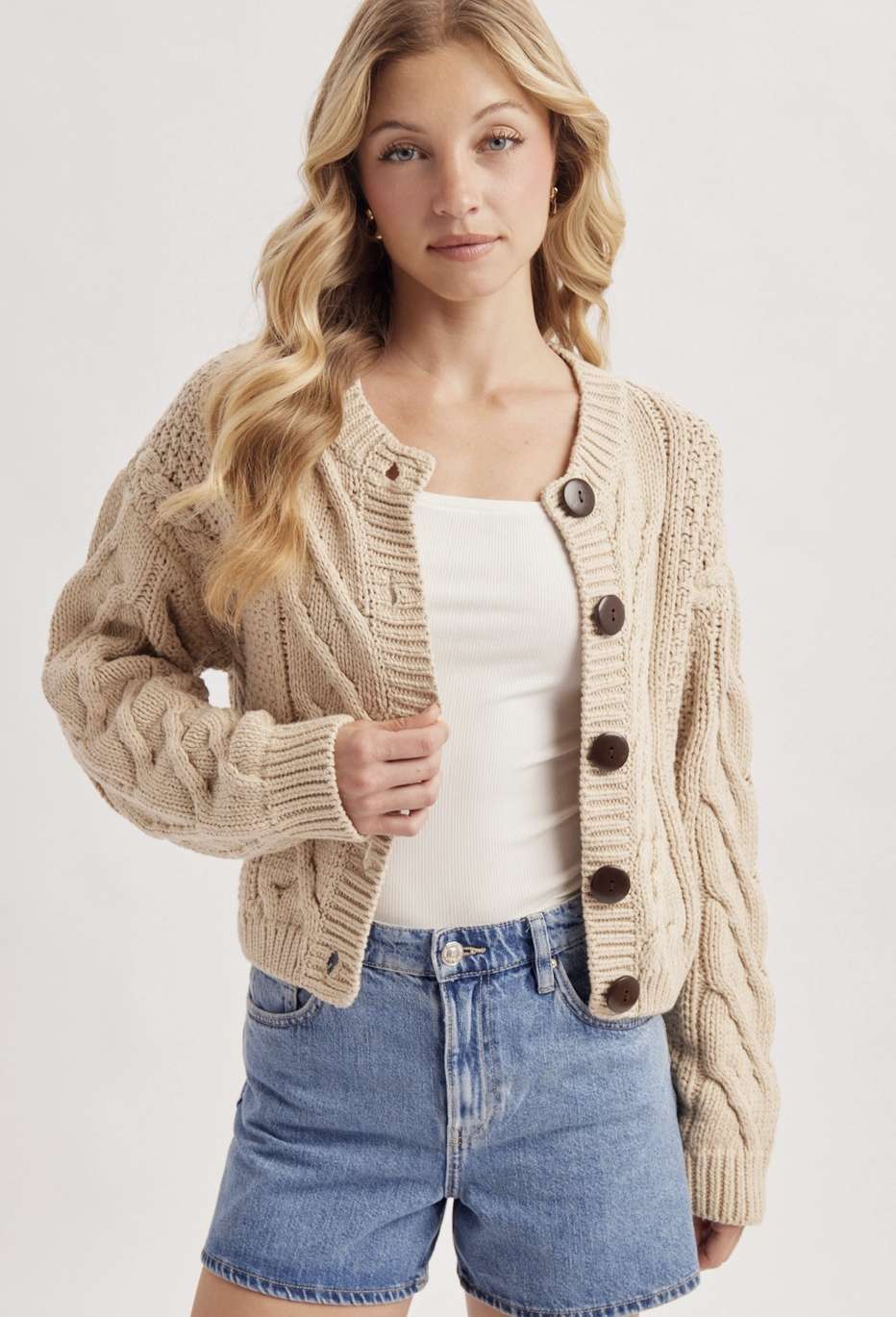 Cropped Button Front Cable Knit Cardigan Sweater