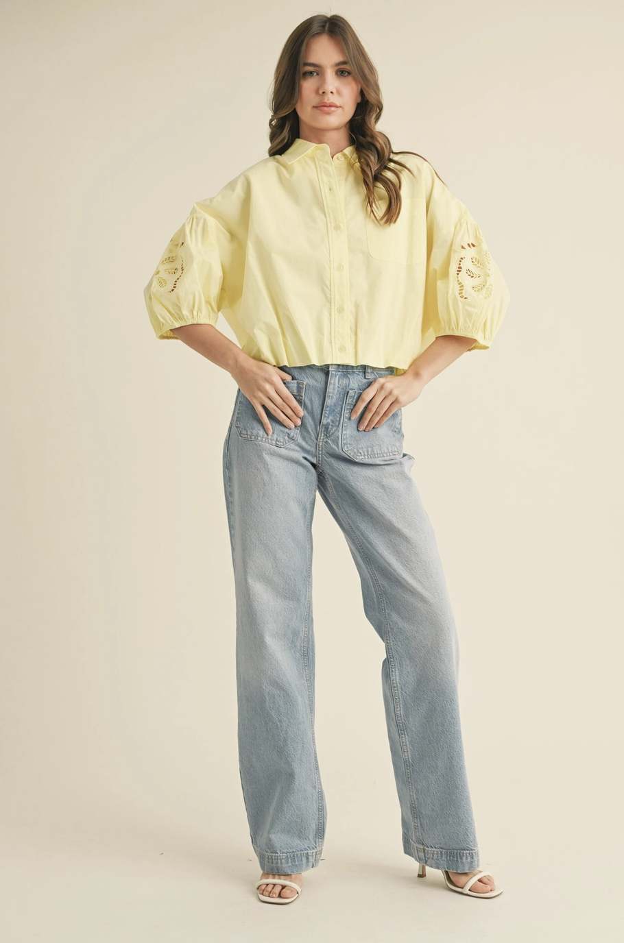 Cut Out Embroidered Bubble Sleeve Top