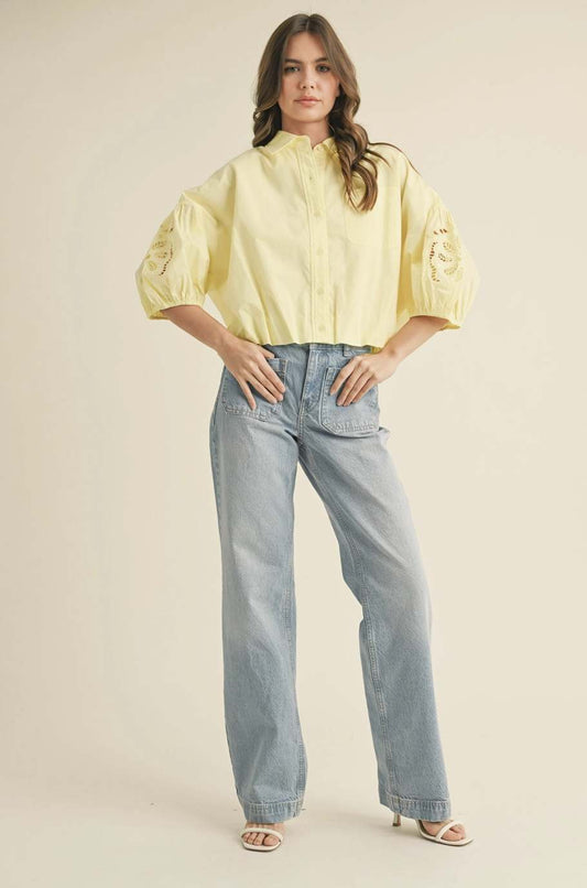 Cut Out Embroidered Bubble Sleeve Top