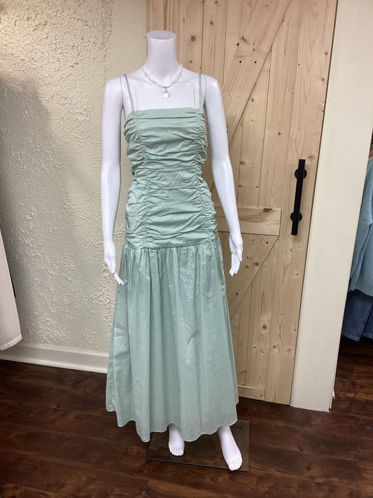 Mint Ruched Linen Maxi Dress