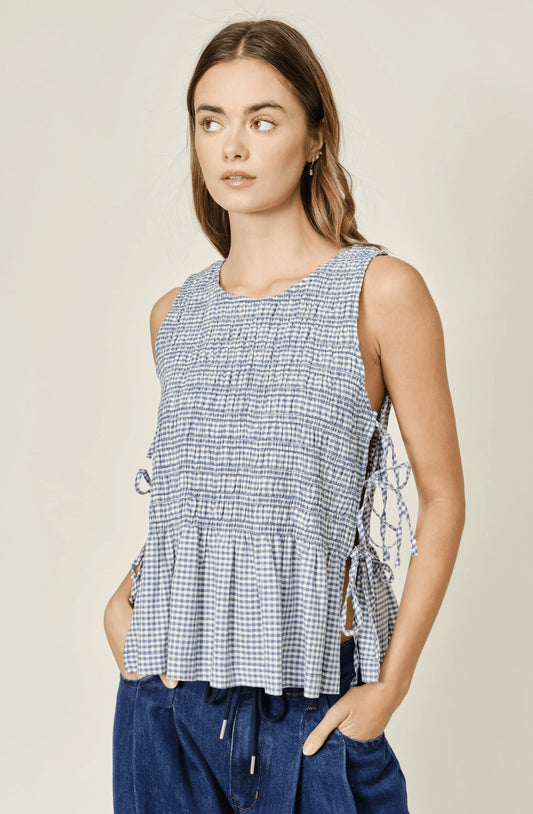Denim Sleeveless Smocked Tie Top