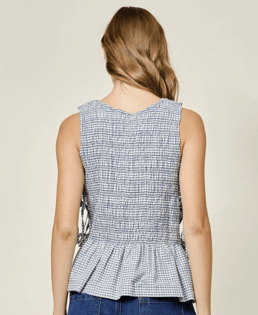 Denim Sleeveless Smocked Tie Top