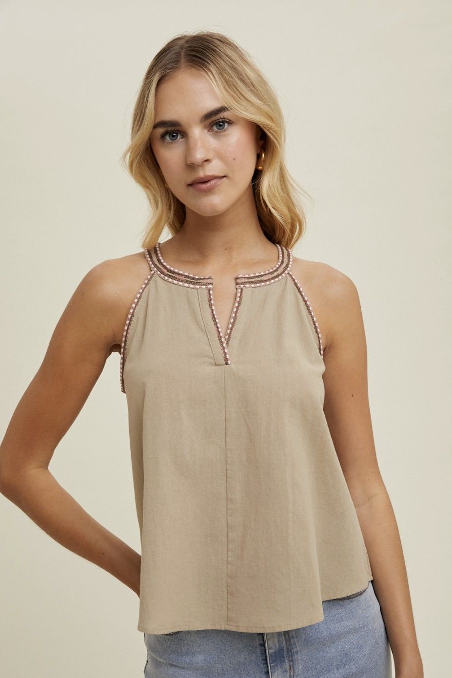 Embroidered Detail Halter Tank Top