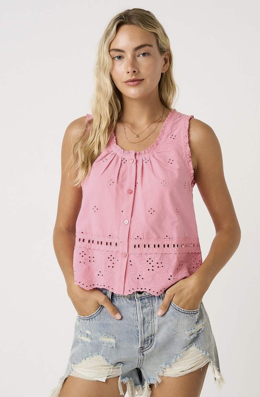 Embroidered Eyelet Button Tank Top