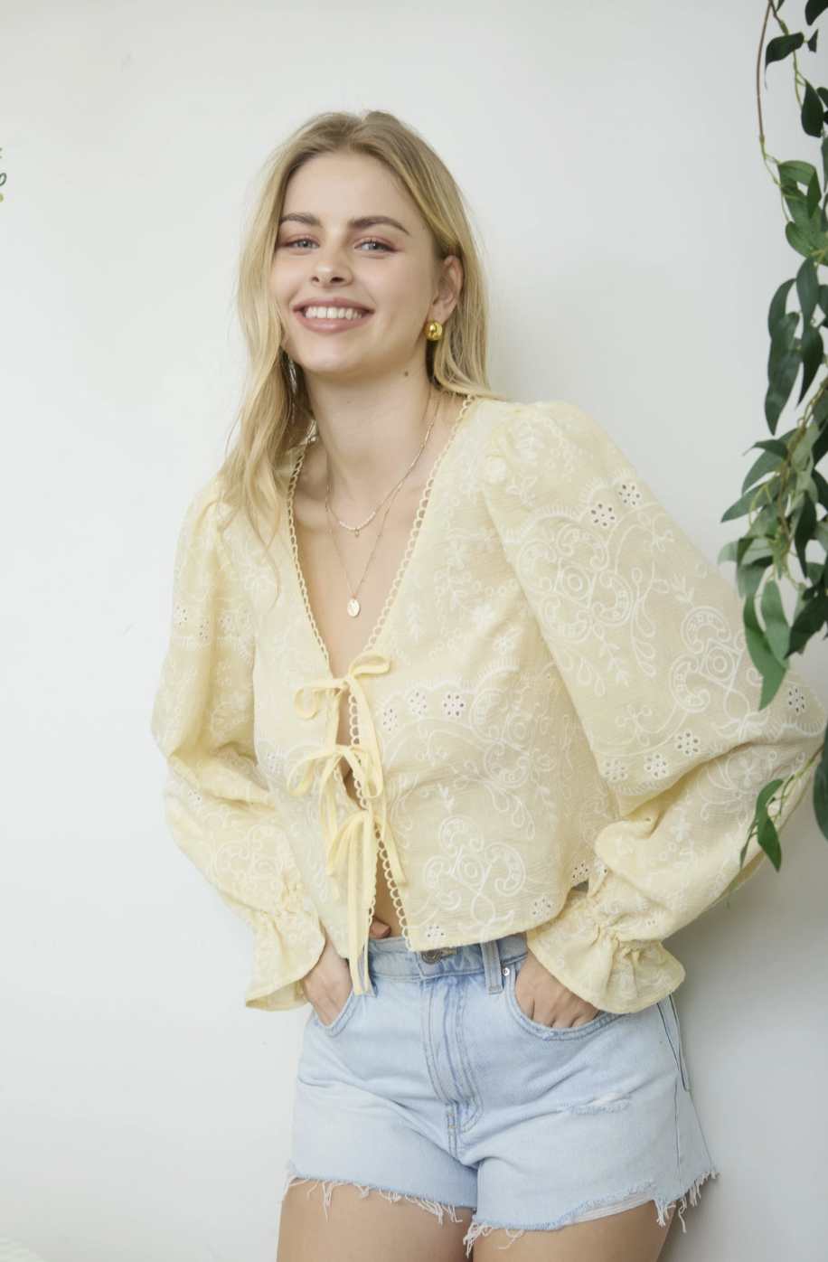 Embroidered Long Sleeve Front Tie Top