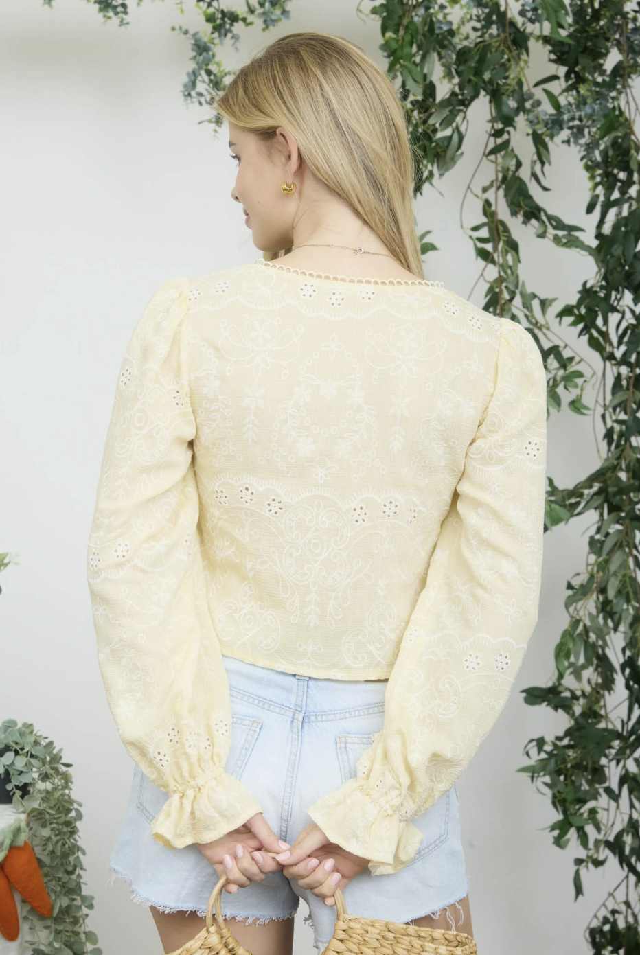 Embroidered Long Sleeve Front Tie Top