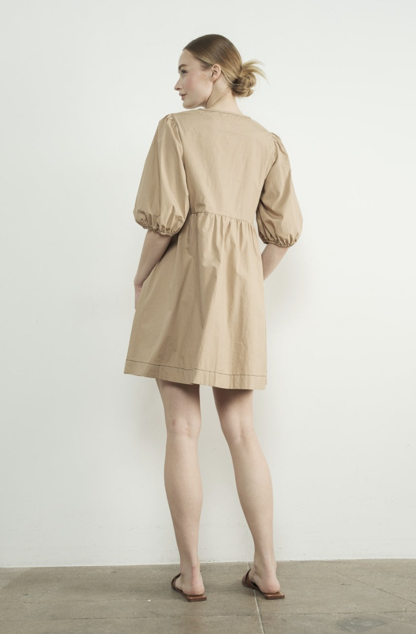 Embroidered Mocha Bow Tie Babydoll Dress