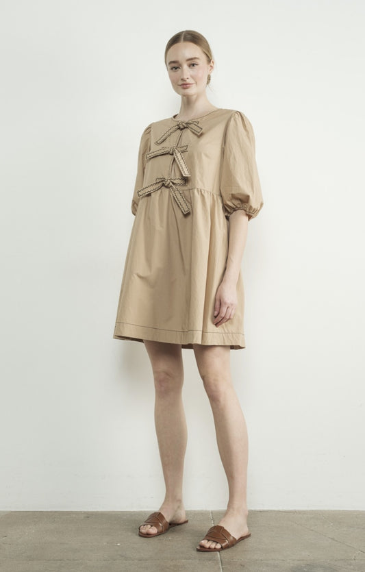 Embroidered Mocha Bow Tie Babydoll Dress