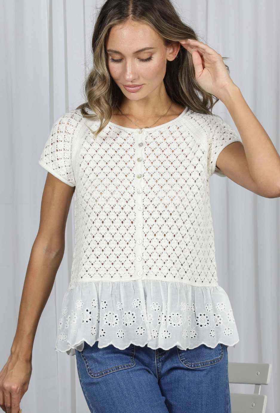 Eyelet Lace Ruffle Hem Crochet Top
