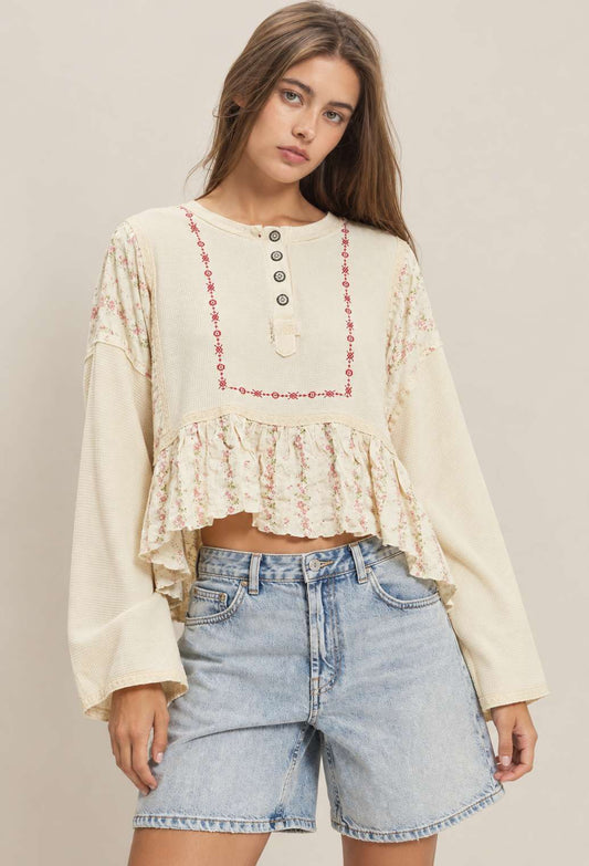 Flare Embroidered Detail Crop Knit Top