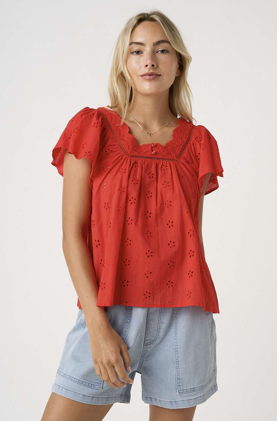 Floral Eyelet Short Flutter Sleeve Top
