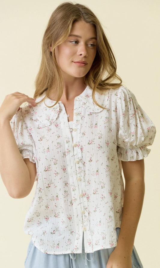 Floral Print Collared Puff Sleeve Top
