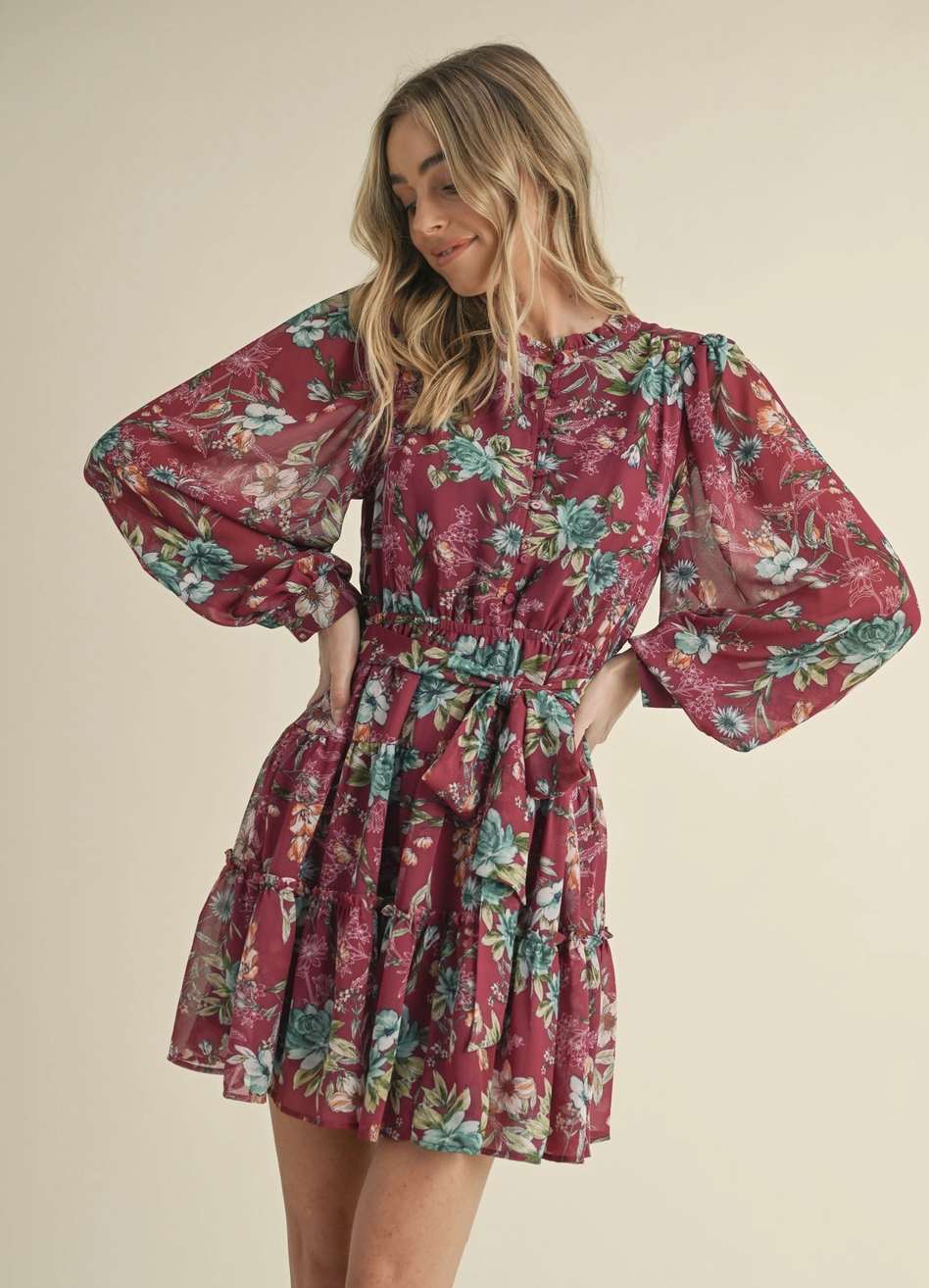 Floral Puff Sleeve Button Mini Dress