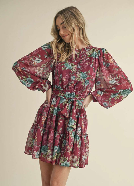 Floral Puff Sleeve Button Mini Dress
