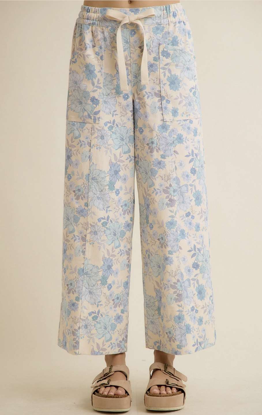 Floral Cotton Twill Waist Wide Pants