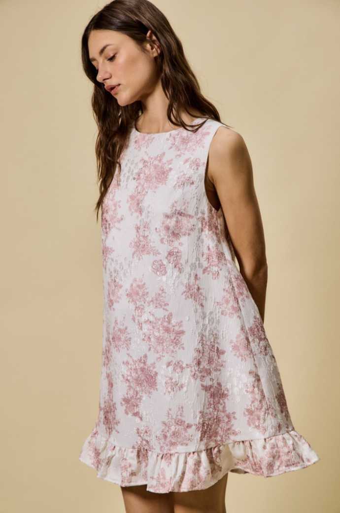 Floral Jacquard Mini Ruffle Dress