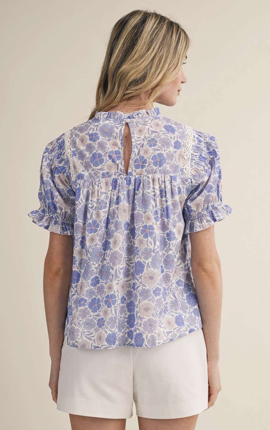Floral Print Shirred Yoke Lace Trim Top